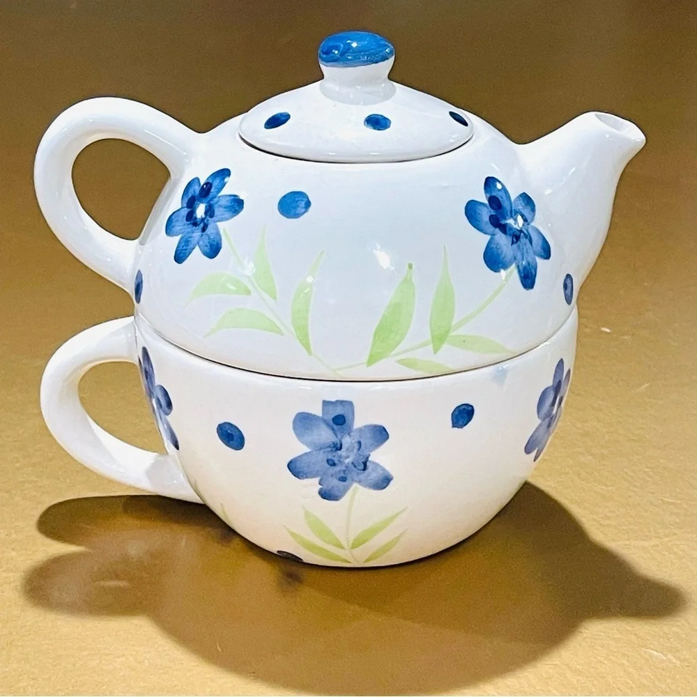 Stackable Ceramic Tea Pot Mug Blue Floral Tea For One